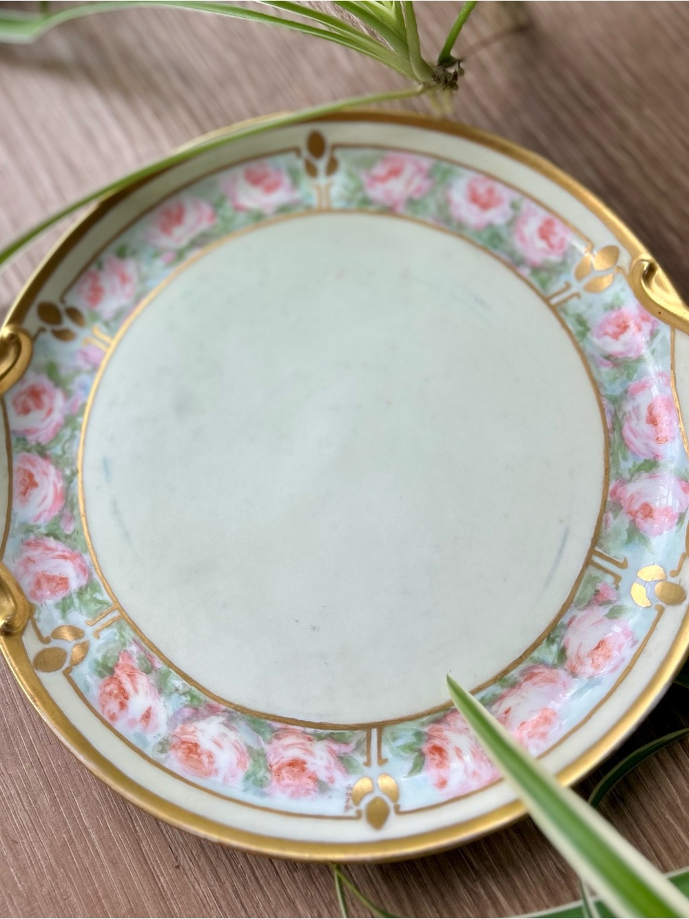 French Gold-Trim Porcelain Plate with Pink Rose Border
